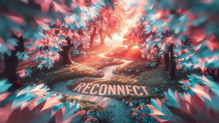 Dreamy forest landscape with a winding path and glowing sunlight, featuring the word Reconnect in bold text on the ground