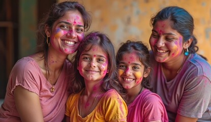 Fototapeta premium group of holi celebrants covered in bright colors and posing