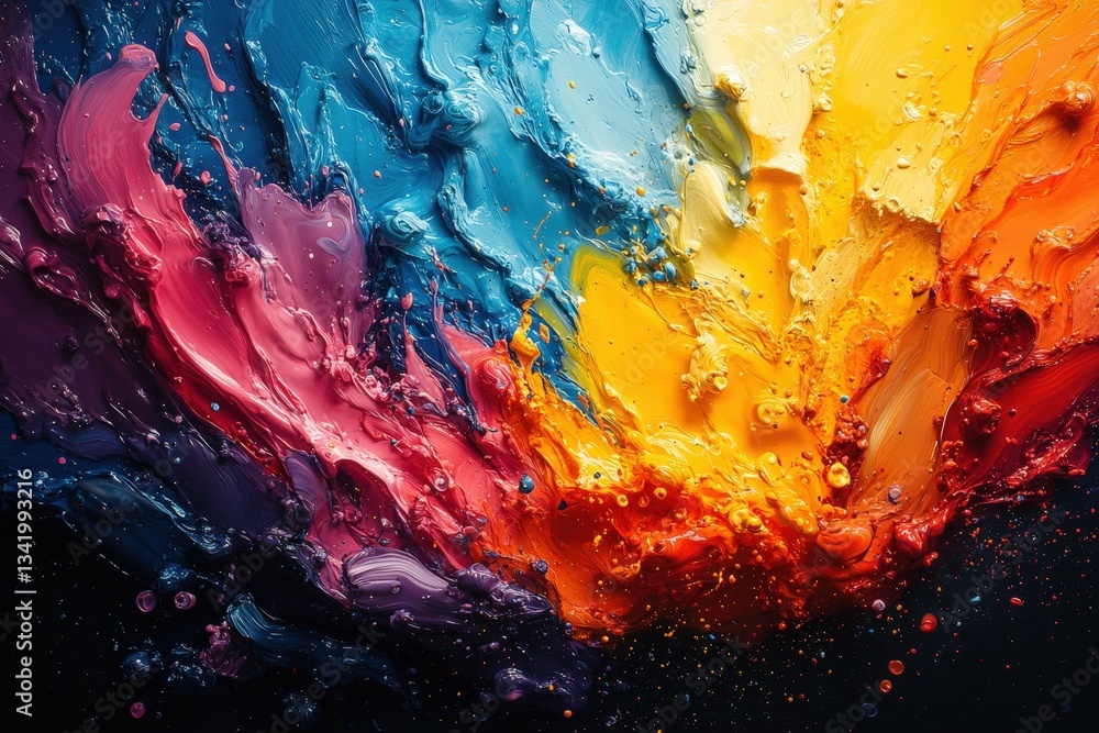 Poster vibrant splashes of color create an abstract composition filled with chaos and energy in a bold disp
