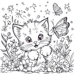 Obraz premium Playful kitten with butterfly: A charming illustration of a playful kitten, captured in an artful, eye-catching moment, set amidst nature's beauty.