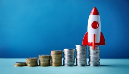 Financial Growth and Investment Success - A red rocket launching from stacks of coins, symbolizing financial growth and investment success