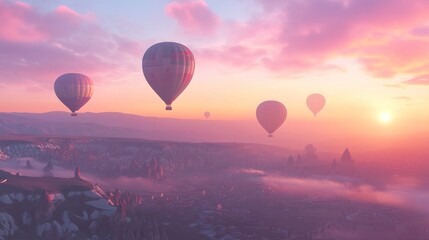 Obraz premium Captivating sunrise over otherworldly landscape adorned with ethereal hot air balloons