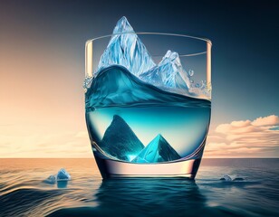 Vaso de agua con un oceano y un iceberg