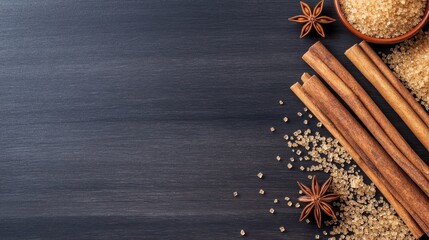 Aromatic Spice Symphony: A captivating arrangement of cinnamon sticks, star anise, and raw brown sugar. The interplay of textures and the warm color palette create an inviting visual experience.