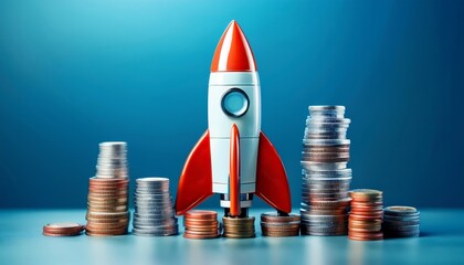 Financial Growth and Investment Success - A red rocket launching from stacks of coins, symbolizing financial growth and investment success