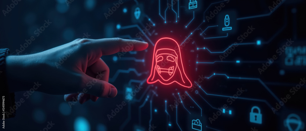 Poster digital interface with hand reaching towards glowing avatar symbolizing technology and security. sce