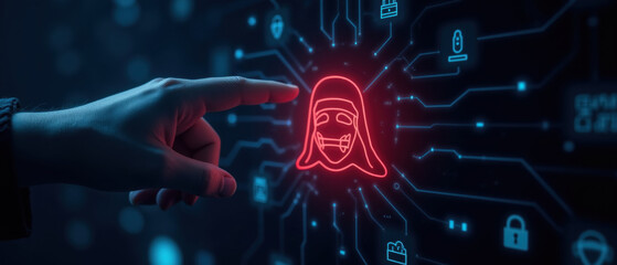 Digital interface with hand reaching towards glowing avatar symbolizing technology and security. scene conveys sense of innovation and connection