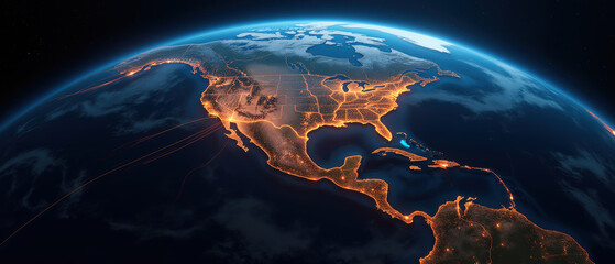 Earth view from space showing North America illuminated at night, highlighting cities and infrastructure