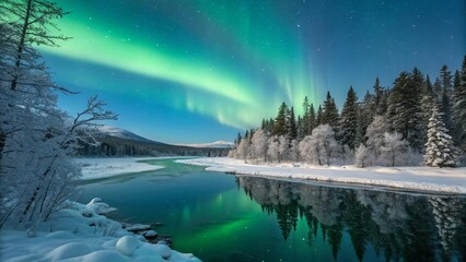  A breathtaking Arctic landscape with a crystal-clear frozen lake reflecting the mesmerizing green and blue glow of the Northern Lights.