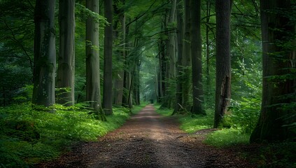 Obraz premium Forest Path Through Green Trees: Tranquil Nature Walk in Woodland Scenery