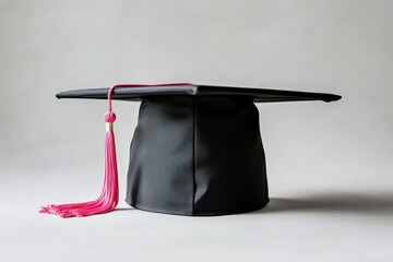 A black graduation cap with a pink tassel on display
