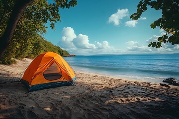 Serene Beach Camping Orange Tent on Sandy Shore, Tropical Paradise