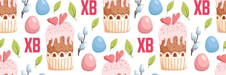 Easter seamless Pattern. Willow and festive cake. Colored eggs. Festive spring backgrounds. Vector flat illustration