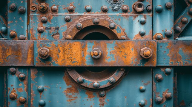 Close-up of a weathered metal door with rust patches and rivets, showcasing industrial textures and earthy tones.