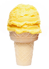 Mango ice cream scoop with cone isolated on white background