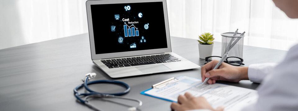 Cost reduction, cost saving concept shown on computer screen brisk, corporate business efficiently save cost and company resources by reduction of unnecessary expenses
