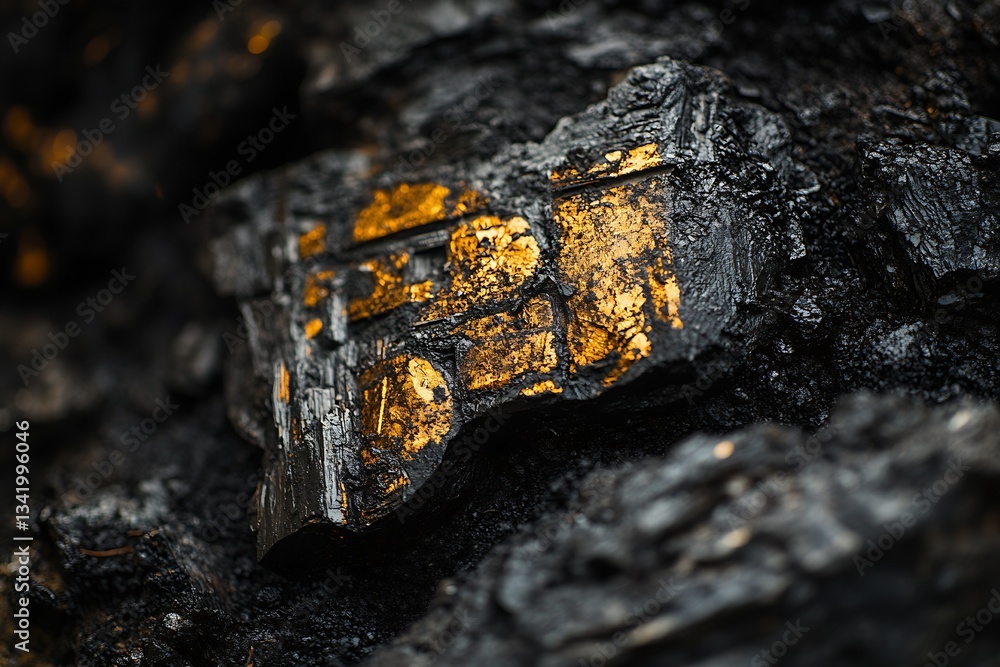 Poster close up of coal with bright golden shine reflecting off its surface highlighting interesting textur