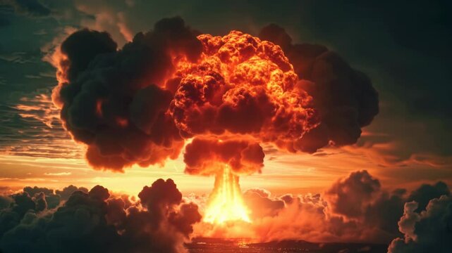 A stunning visual of a massive nuclear explosion, lighting up the skyline with fiery hues, creating a memorable scene