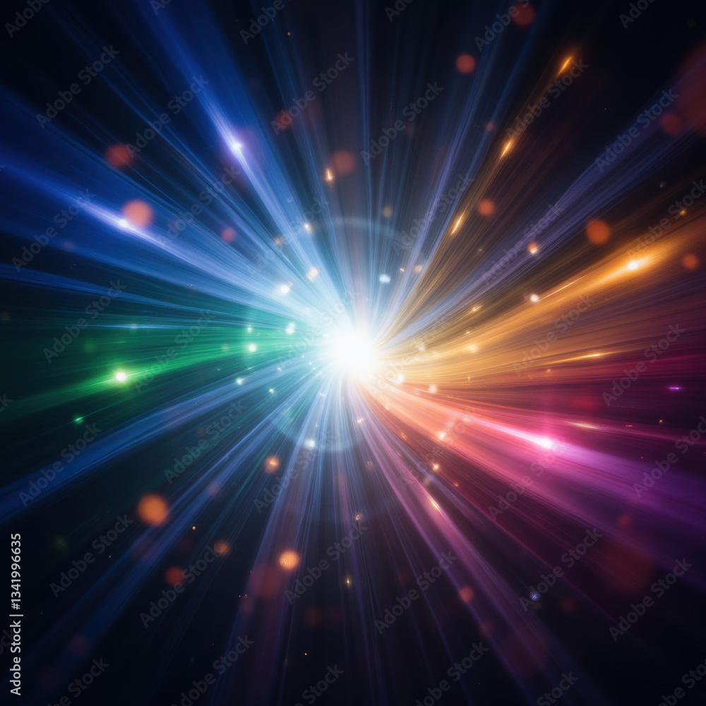 Poster vibrant light rays radiate from central point, creating colorful explosion of energy and motion