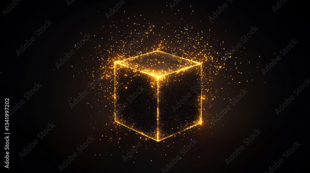 Poster golden cube: abstract digital representation of a radiant, golden cube, illuminating a dark backdrop