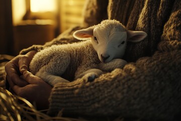 Baby lamb bottle fed farmer warm barn light casting soft glow scene tiny hoof resting farmer lap Ultra realistic fur wool texture cinematic rustic ambiance photorealistic bottle feeding realism