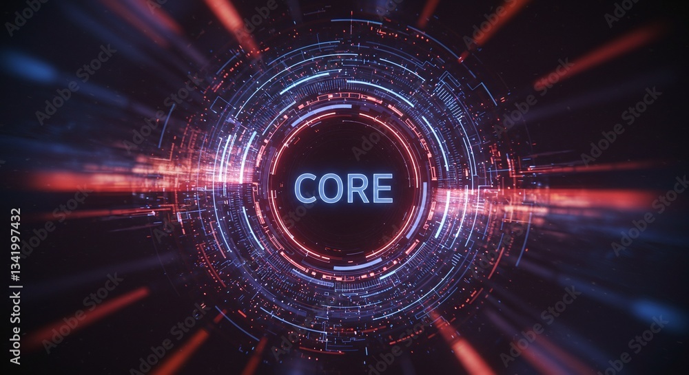 Poster digital core: a dynamic visual representation of a digital core with glowing lights, radiating outwa