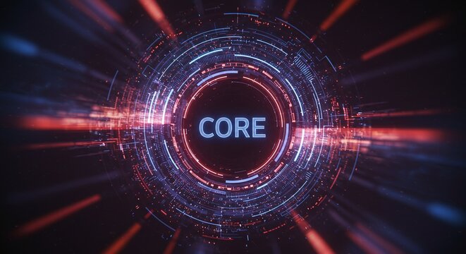 Digital Core: A dynamic visual representation of a digital core with glowing lights, radiating outwards. showing technology, progress, and the future.