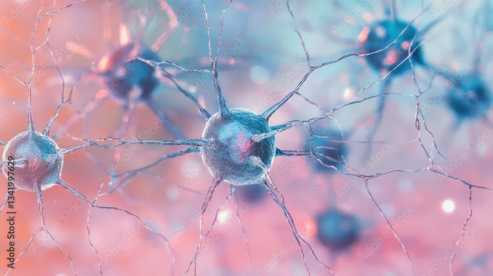 Poster abstract image of interconnected nodes, neural networks on a soft pink and blue background