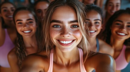 Fototapeta premium Happy Diverse Group of Athletic Women Smiling Fitness Selfie Teamwork