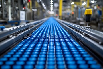 Fototapeta premium Industrial Conveyor Belt with Rows of Blue Caps Manufacturing Process