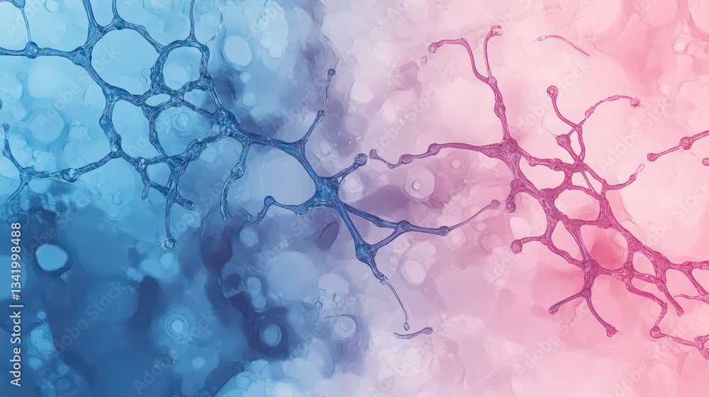 Poster abstract image of interconnected nodes, neural networks on a soft pink and blue background
