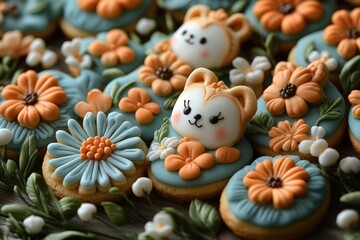 Obraz premium Delightful and Colorful Cookies Shaped Like Charming Animals and Vibrant Flowers Arranged Artistically for a Whimsical Dessert Table