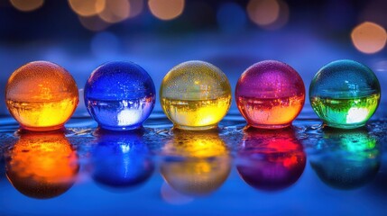 Colorful Glass Spheres with Water Droplets and Bokeh Effect