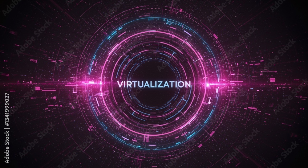 Poster virtualization circle: cybernetic rings of glowing pink and cyan encircle the word 