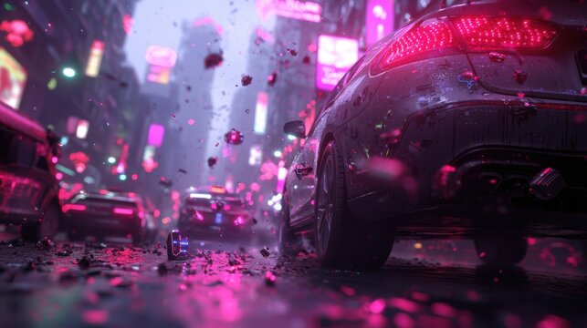 Smart cities evolving with IoT devices guiding self-aware traffic and waste systems under neon skies
