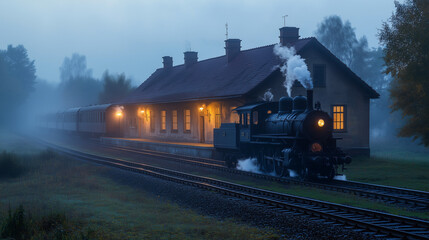 Fototapeta premium Charming Old Train Station with Vintage Locomotive, Set in a Misty Rural Landscape
