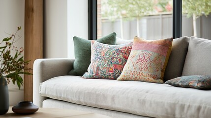 Living room with a gray sofa in the foreground and a large window in the background. the sofa is upholstered in a light grey fabric and has several colorful throw pillows on it.