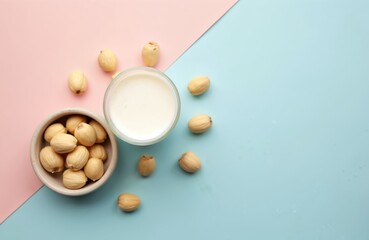 Top view of macadamia milk in glass with nuts in bowl. Vegan lactose free drink on blue, pink background. Healthy diet beverage, natural protein source.