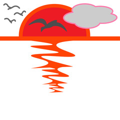 Obraz premium a red sun reflected in the water, a cloud and birds