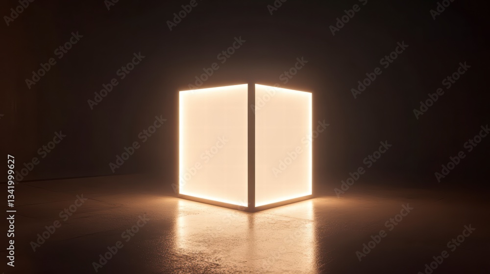 Poster illuminated cube: a minimalist illuminated cube glows with soft, inviting light, its edges precisely