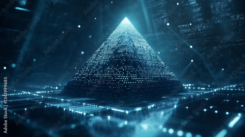 Poster digital pyramid: explore an illuminated digital pyramid in a futuristic and tech-centric environment
