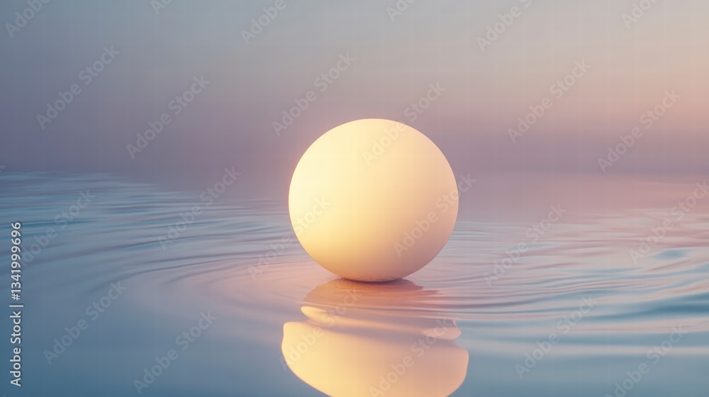 Poster serene sphere reflection: a pristine sphere floats delicately above tranquil water, its smooth surfa