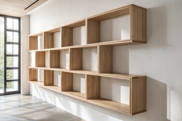 Modern Light Wood Floating Shelves against a White Wall