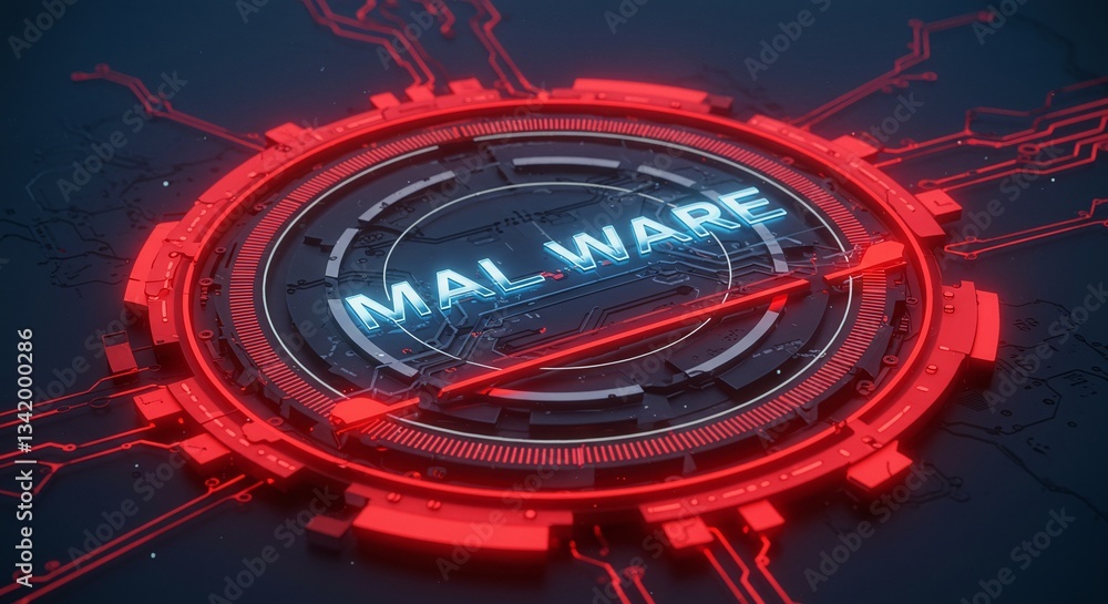 Poster cyber threat: a striking digital illustration of a technological interface, pulsing with a red glow,