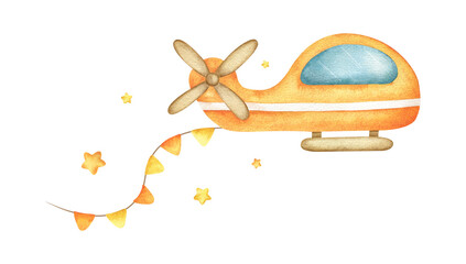 Orange toy helicopter with garland flags among stars. Isolated hand drawn watercolor illustration of Airplane. Kids clipart of child aircraft for baby shower and birthday cards, posters