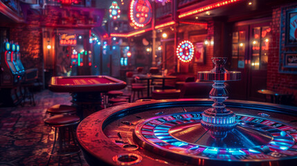 Obraz premium Roulette table in luxury casino, no people. Vibrant decor, cozy relaxing atmosphere. Bright lights, blurred background.