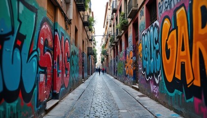 Urban narrow alleyway is filled with graffiti, vibrant colors. City street art, artistic expression. Walls with street art, tags, artwork. Cityscape with old buildings. Inner city creative landscape.