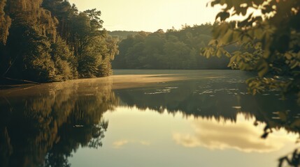 Tranquil Sunset Reflection on a Serene Forest Lake