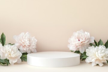 A minimalist composition showcasing a white, round podium elegantly decorated with delicate peonies flowers.