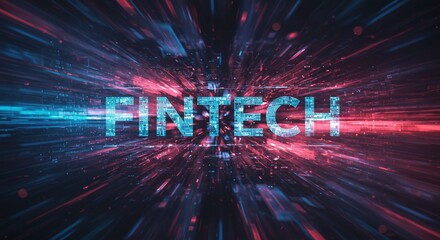 Fintech's Digital Horizon: A dynamic composition showcases the word "Fintech" amidst an energetic, futuristic visual representing technology, innovation, and the digital landscape. 